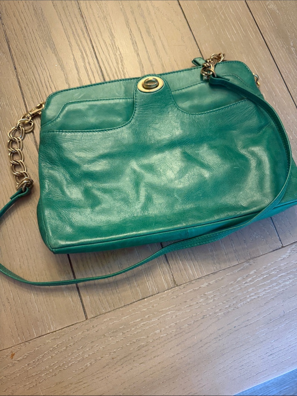 HOBO Teal Leather Shoulder Bag with Gold Chain Detail